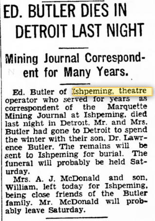Butler Theatre - 1937 Article On Ed Butler Passing Away (newer photo)
